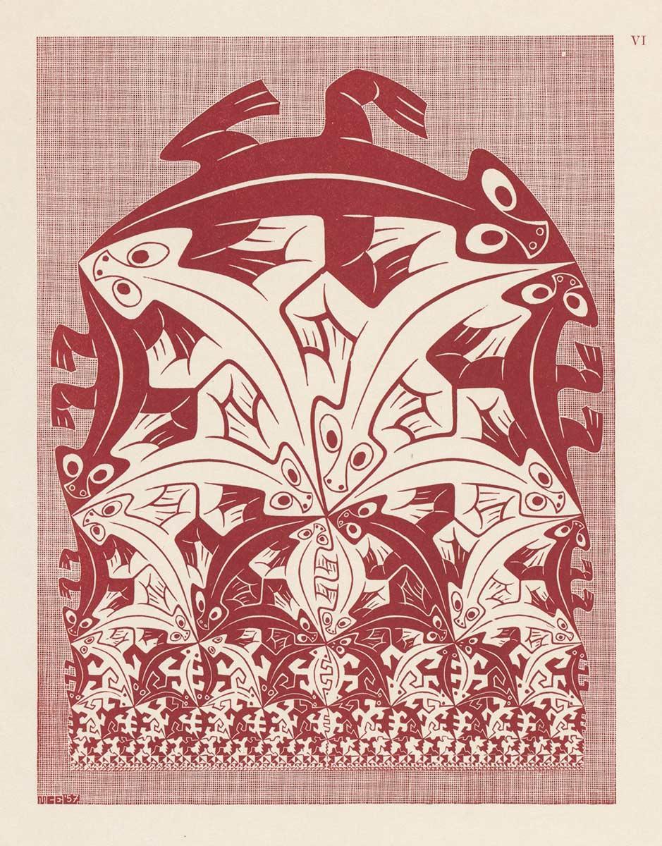 M.C. Escher, The Regular Division of The Plane VI, woodcut in red, May 1957