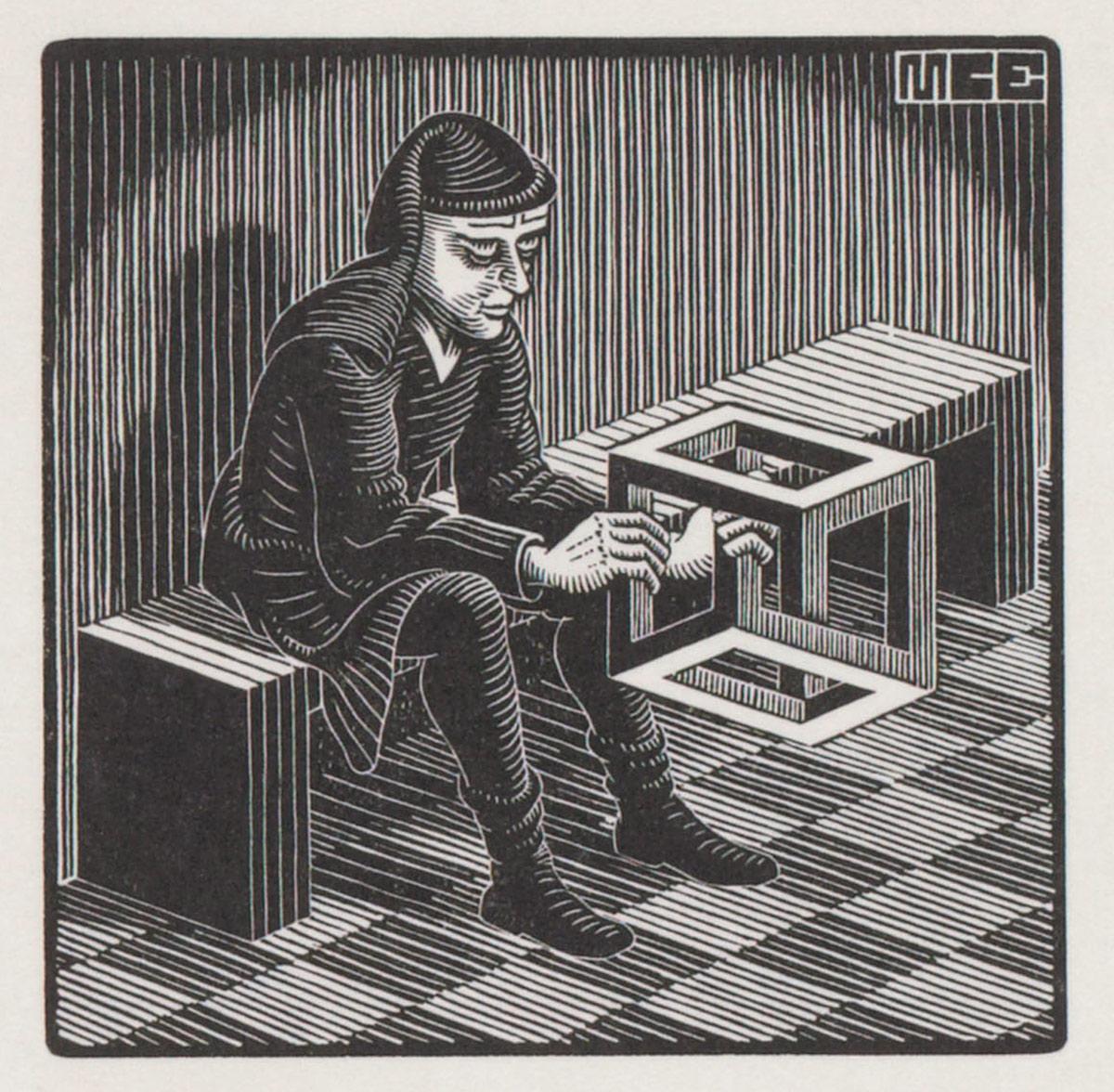 <p>M.C. Escher, Man with cuboid, wood engraving, 1958</p>