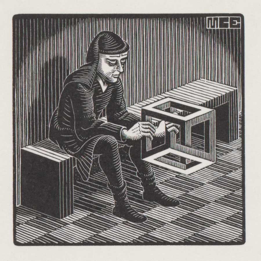 M.C. Escher, Man met kuboïde, houtgravure, 1958