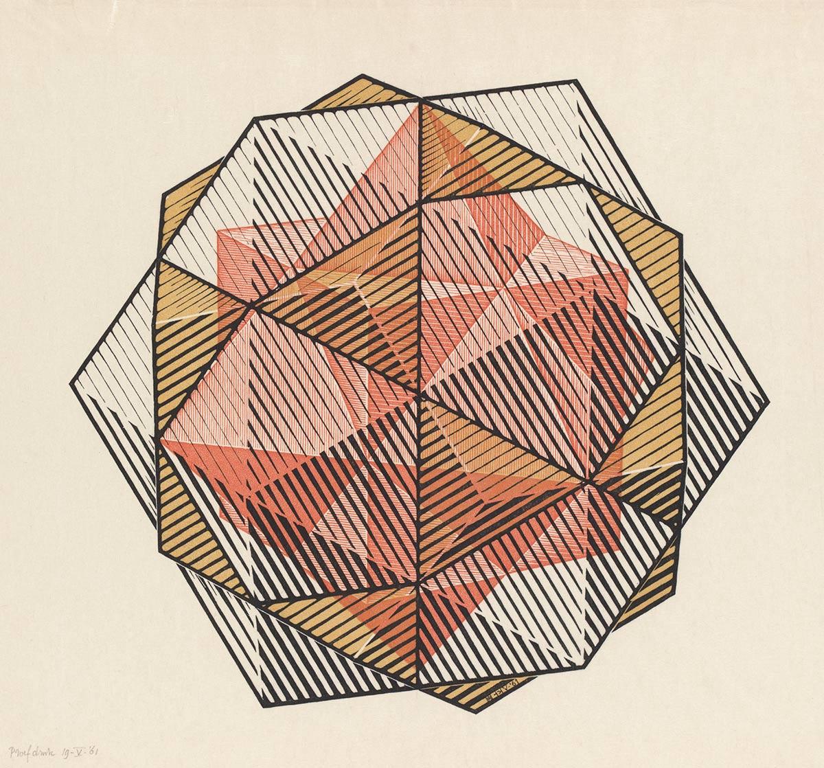 M.C. Escher, Four Regular Solids, woodcut in black, yellow and red, printed from three blocks, May 1961