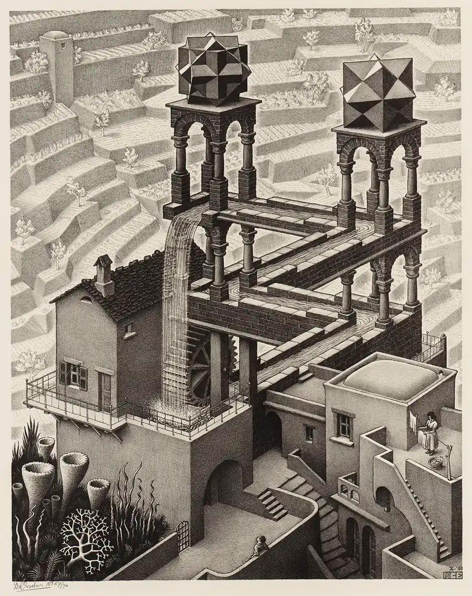 M.C. Escher, 폭포 (Waterfall), 석판화, 1961년 10월