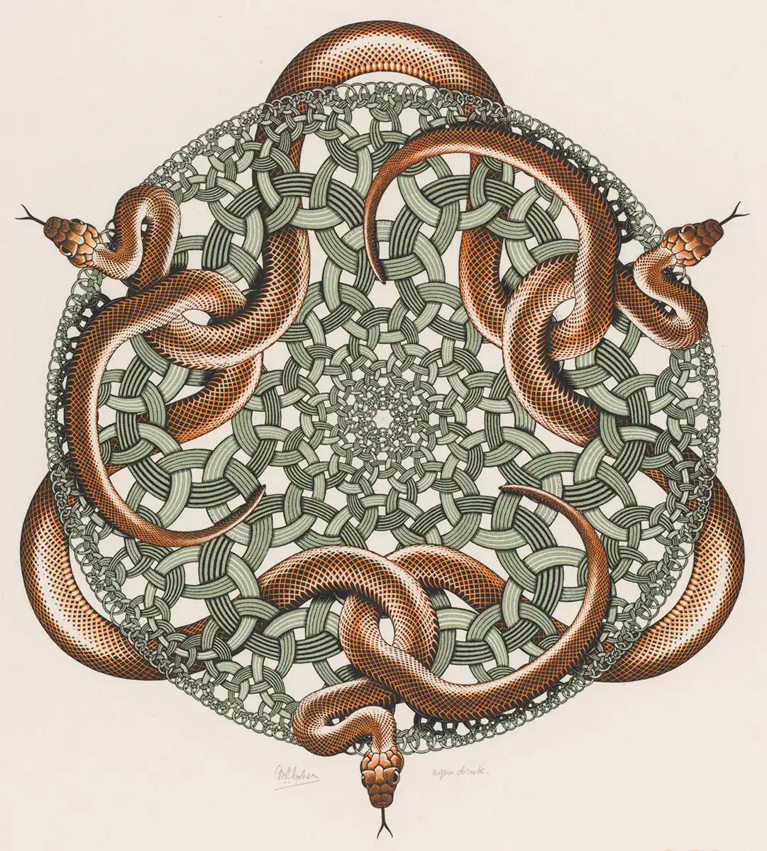 M.C. Escher, Snakes, woodcut in green, orange and black, printed from three blocks, July 1969