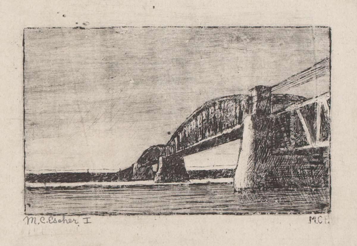 <p>M.C. Escher, Spoorbrug over de Rijn bij Oosterbeek, ets, 1917</p>