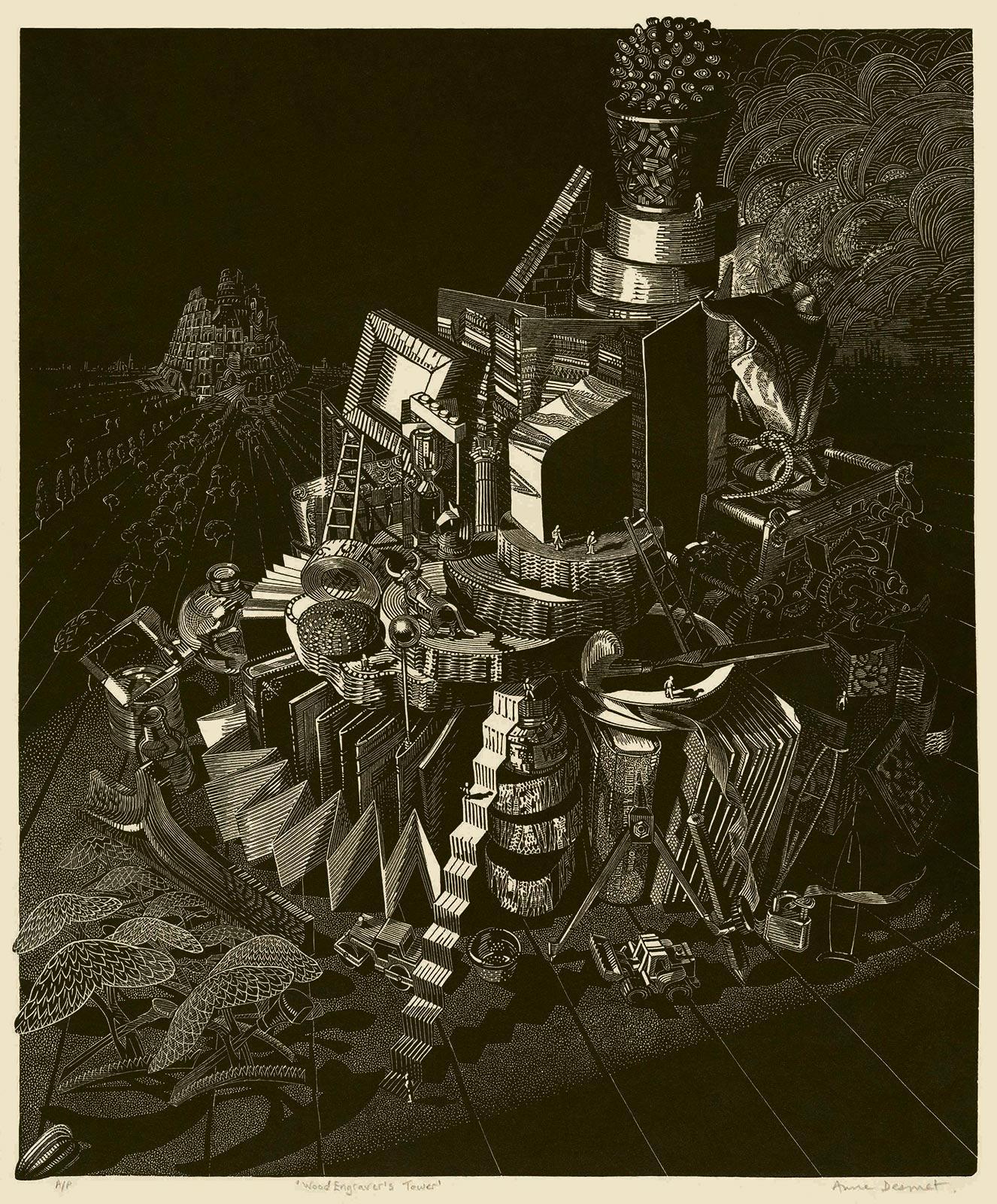 <p>Anne Desmet, Wood Engraver's Tower, wood engraving, 2020</p>