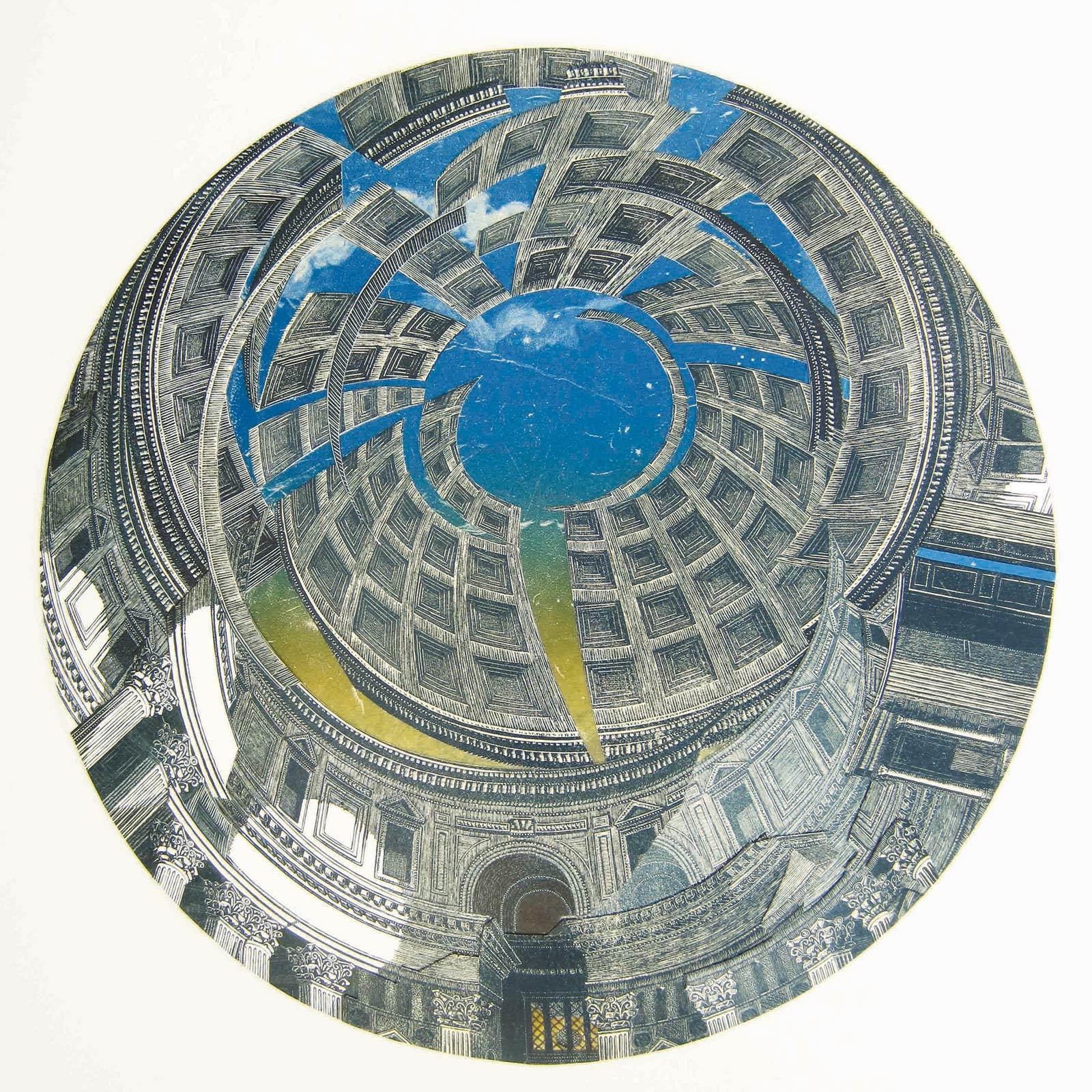 <p>Anne Desmet, Pantheon Towards Evening, collage van linoleumsnede en monoprint achter bolvormig klokglas, 2013</p>