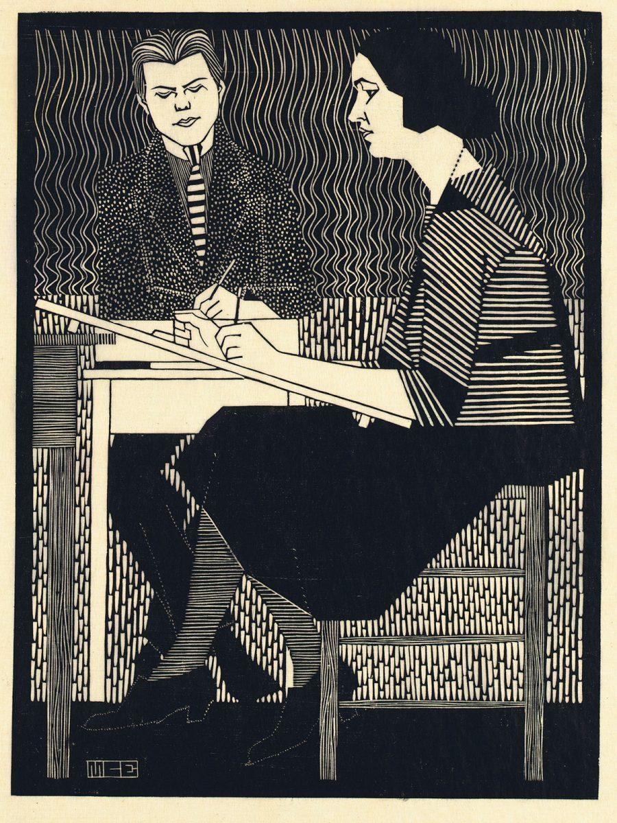 M.C. Escher, Bei Mesquita im Klassenzimmer, Holzschnitt, 1920 oder 1921