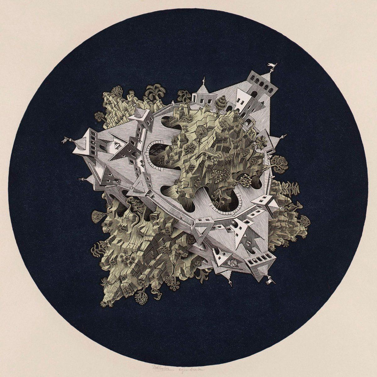 M.C. Escher, Dubbele planetoïde (Dubbele planeet), houtgravure in groen, donkerblauw, zwart en wit, gedrukt van vier blokken, december 1949