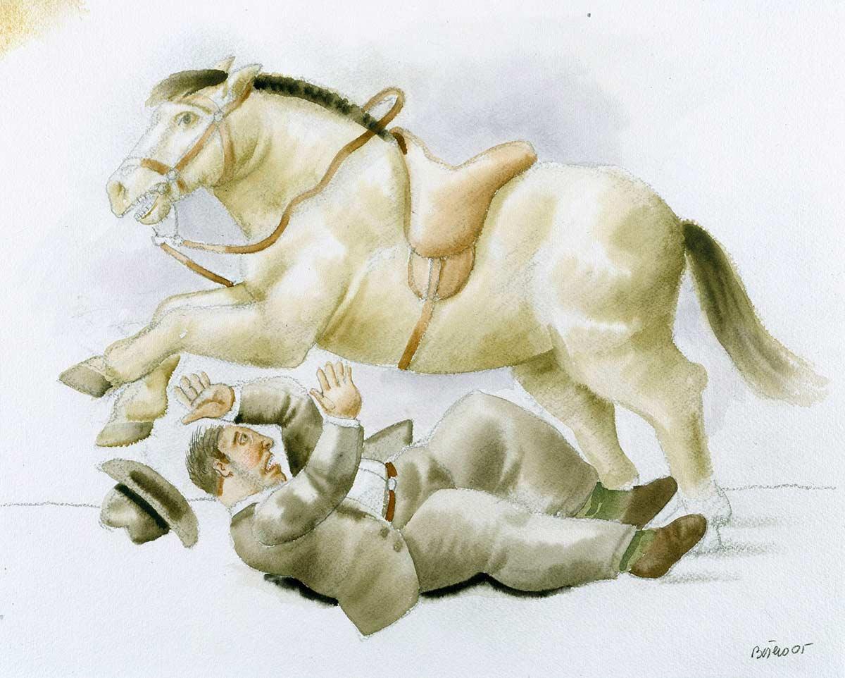 Fernando Botero, Man falling from a horse, watercolour, 2005