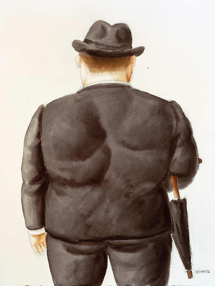 Fernando Botero, Man with umbrella, watercolour, 2005