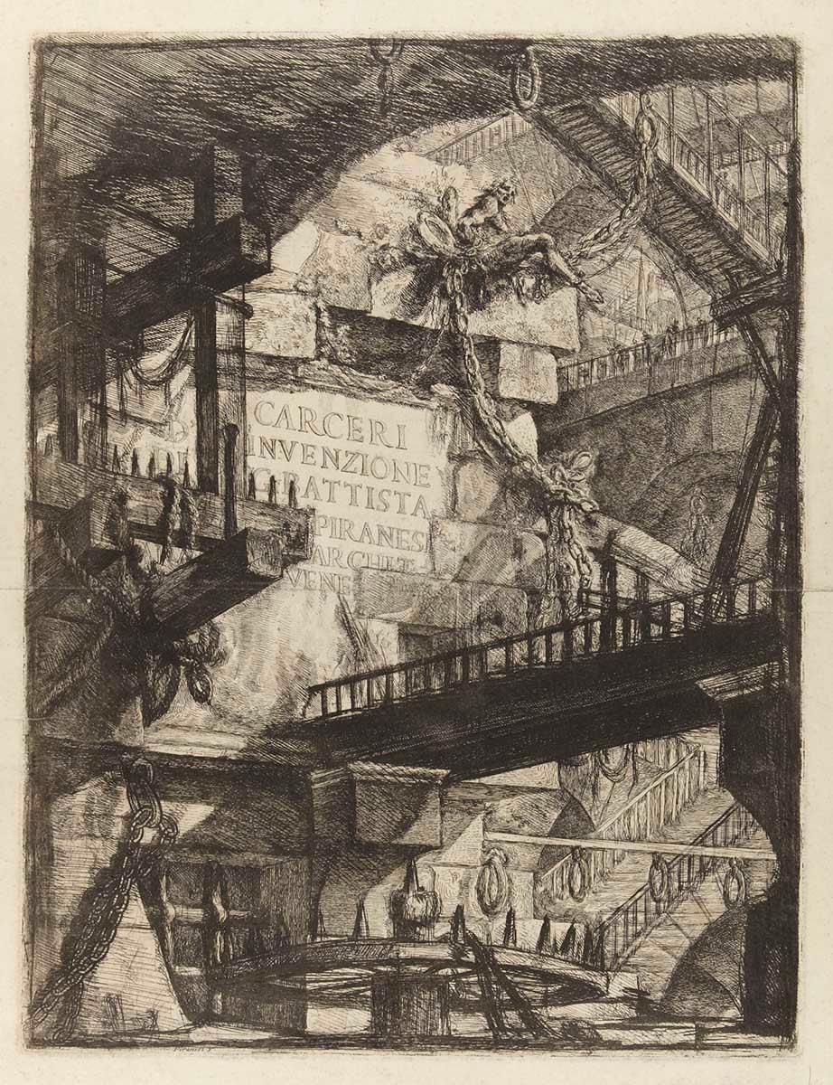 Giovanni Battista Piranesi, Carceri d'invenzione (title plate), second version, etching, 1761