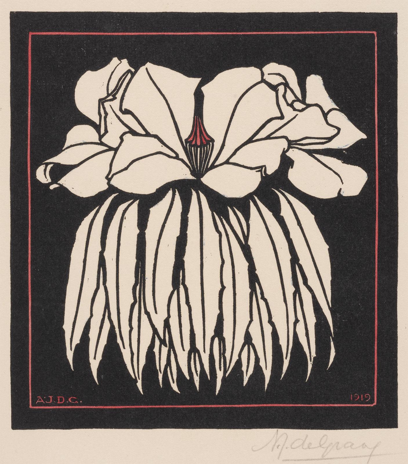 Julie de Graag, Godetia, woodcut in black and red, 1919