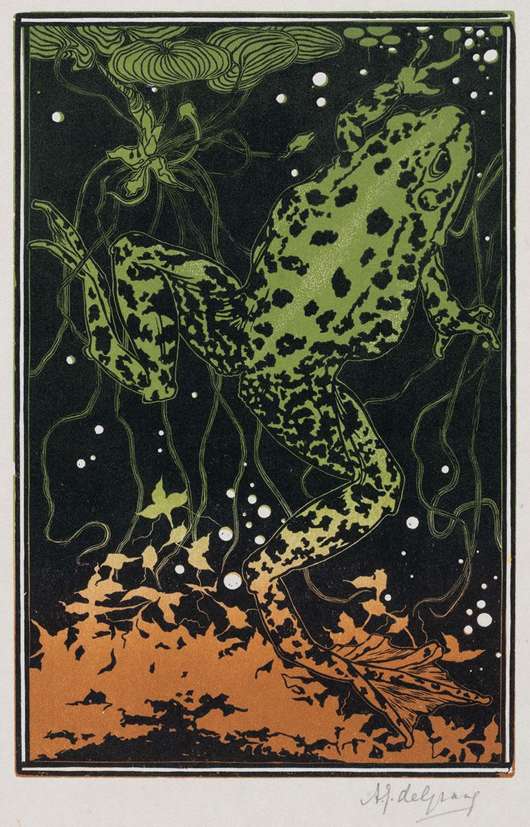 Julie de Graag, Frog in a Ditch, woodcut in black, green and brownish red, undated. Collection Kunstmuseum Den Haag