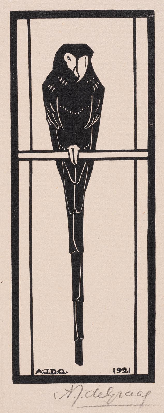 Julie de Graag, Parakeet on Perch, woodcut, 1921
