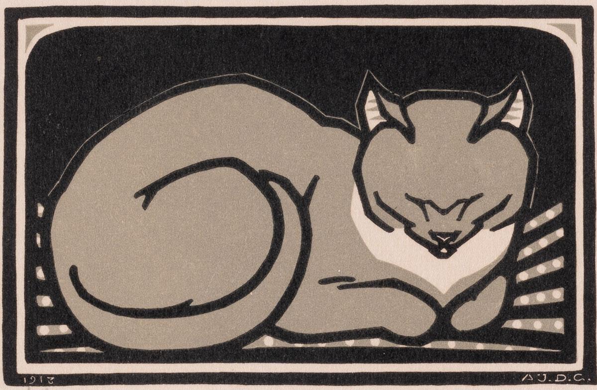 Julie de Graag, Poes, liggend, houtsnede, 1913. Collectie Kunstmuseum Den Haag