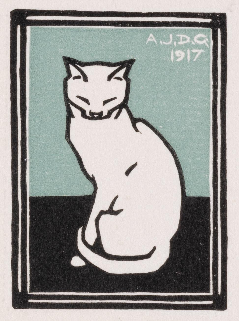 Julie de Graag, Sitting Cat, woodcut in black and blue, 1917