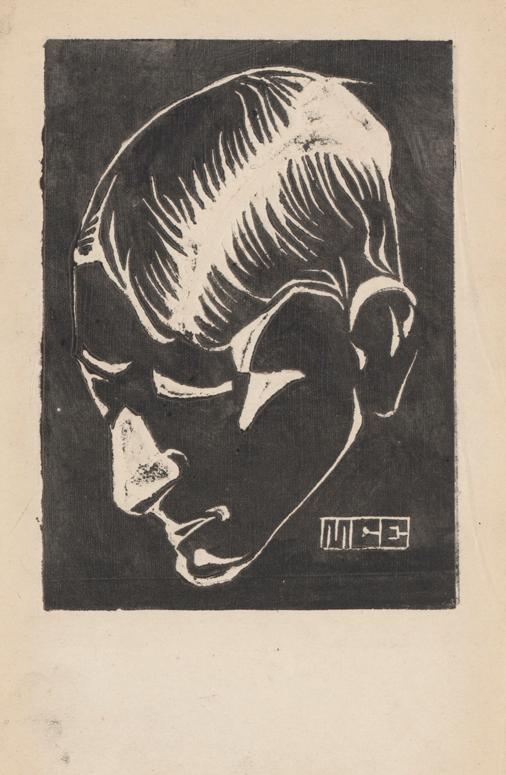 M.C. Escher, Zelfportret, linoleumsnede, 1918