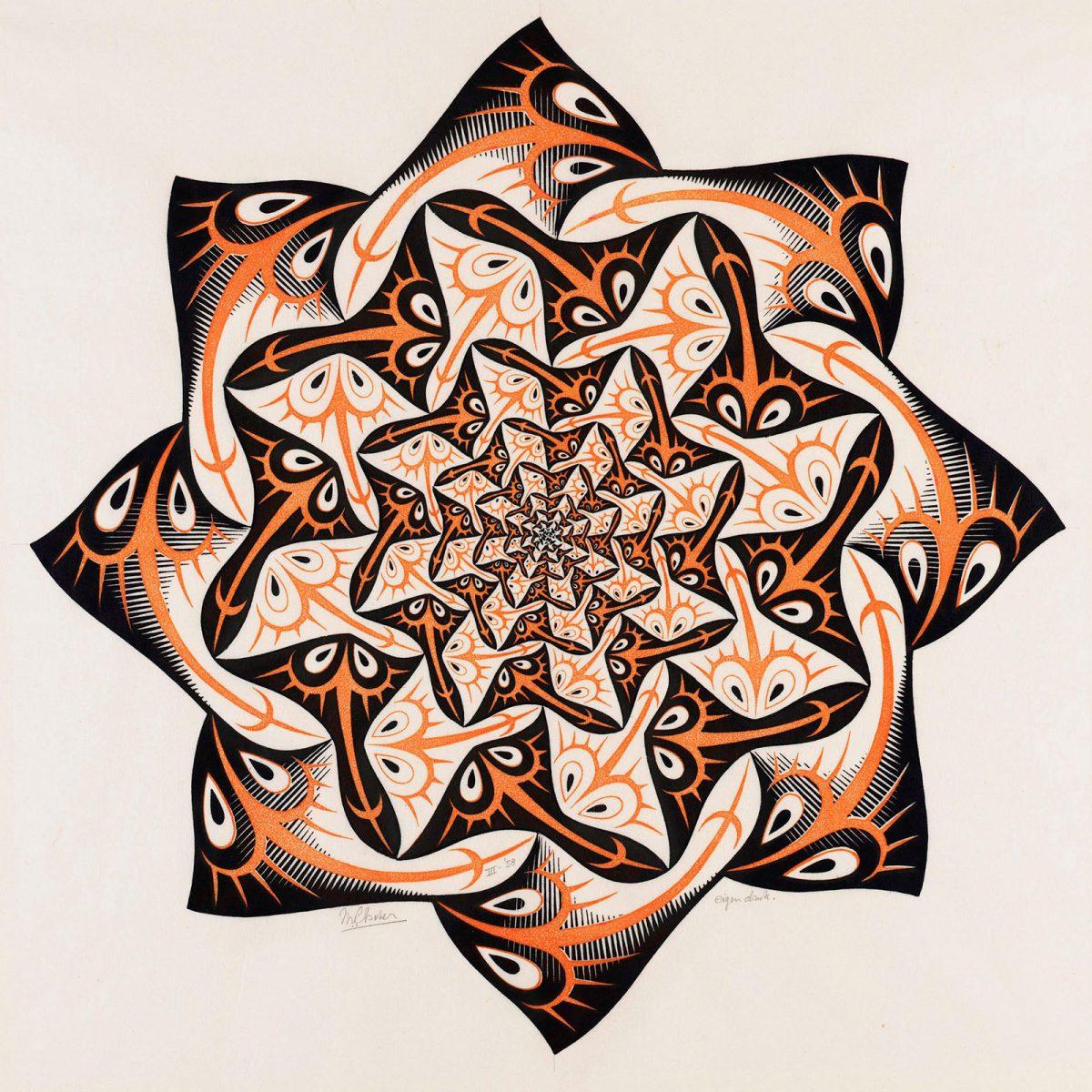 M.C. Escher. Path of Life I, woodcut in red and black, printed from two blocks, March 1958