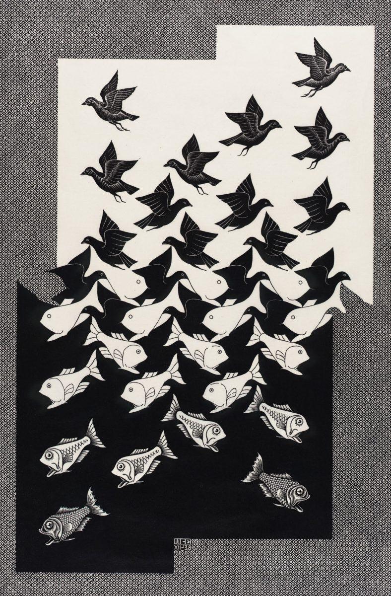M.C. Escher, Lucht en water II, houtsnede, december 1938
