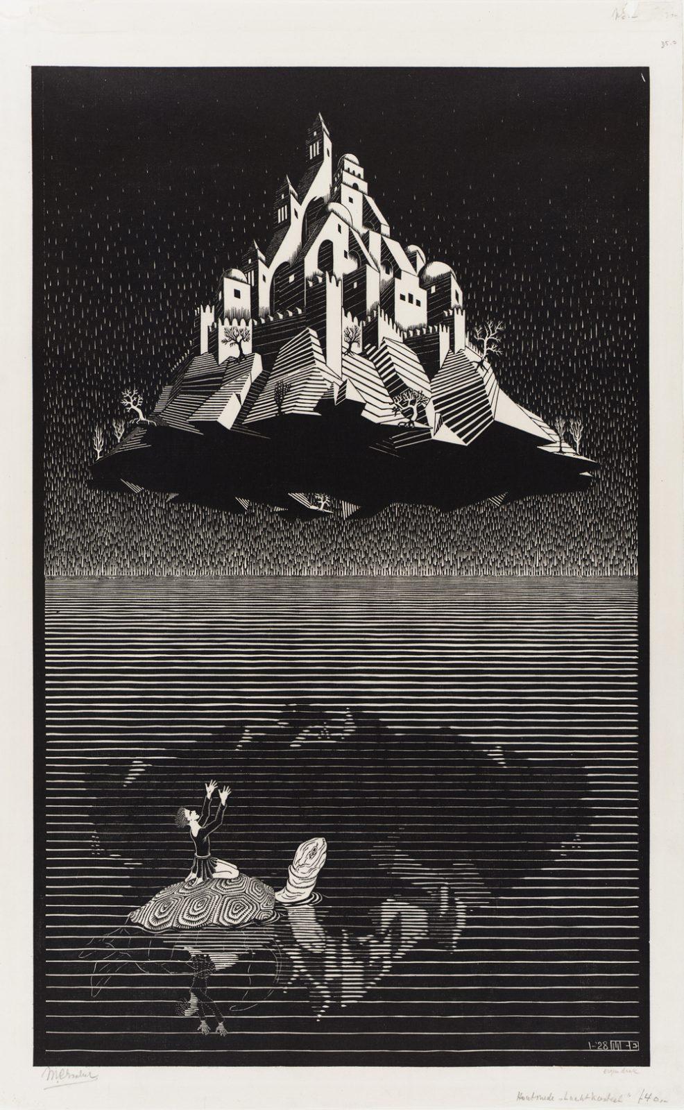 M.C. Escher, Luchtkasteel, houtsnede, januari 1928