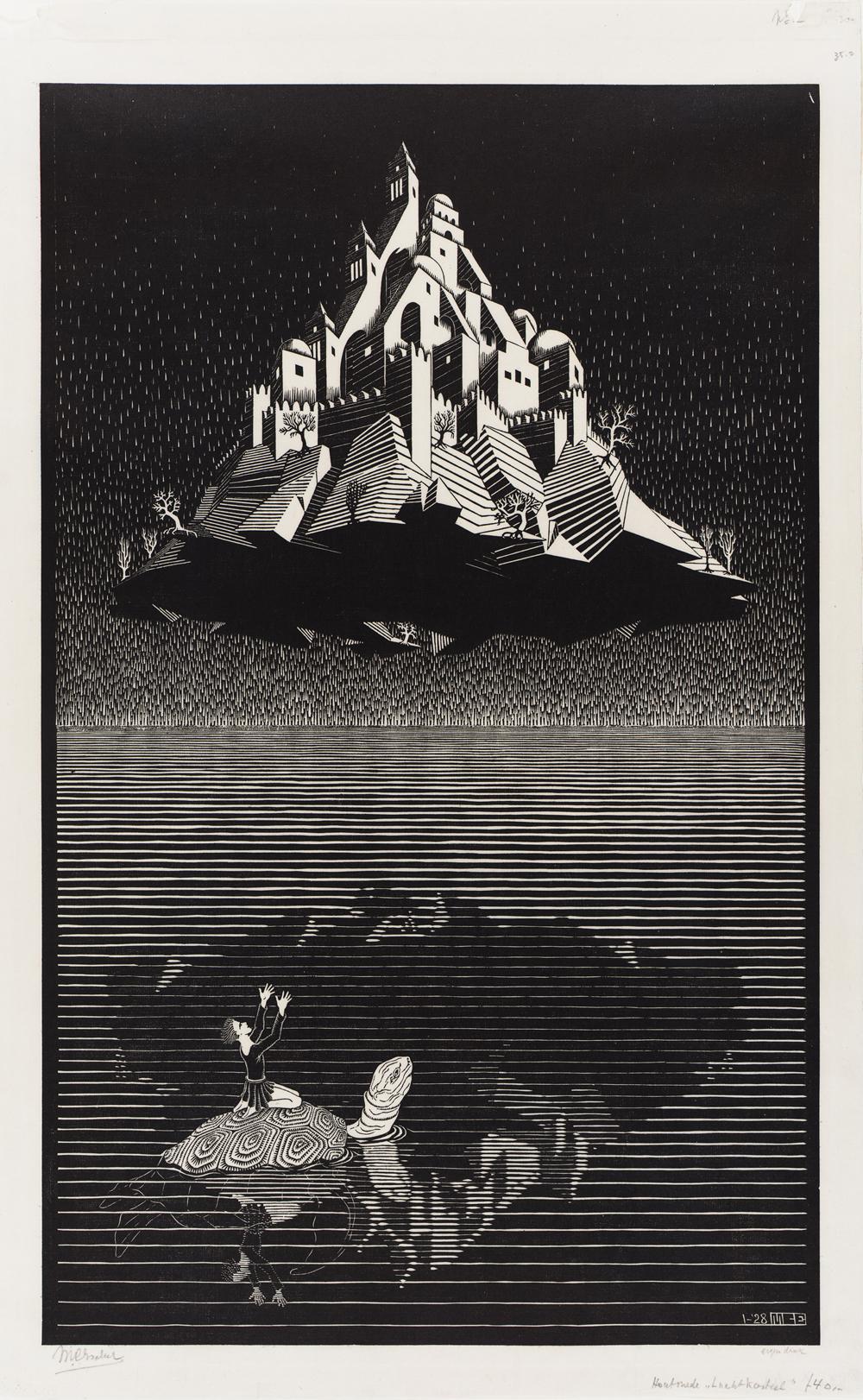 M.C. Escher, Castle in the Air, woodcut, January 1928