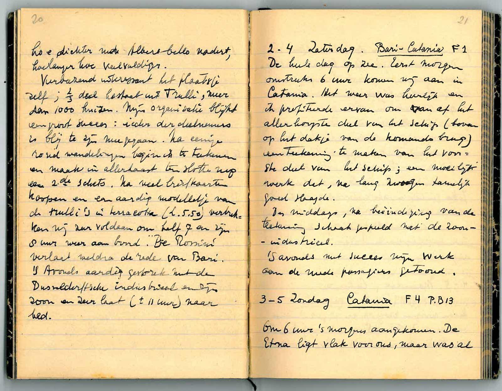 Twee pagina's uit Eschers reisdagboek van 1936, over de Middellandse zee en naar diverse plaatsen in Italië en Spanje. Hij bracht vele dagen op zee door en had volop tijd om te schaken met zijn reisgenoten.