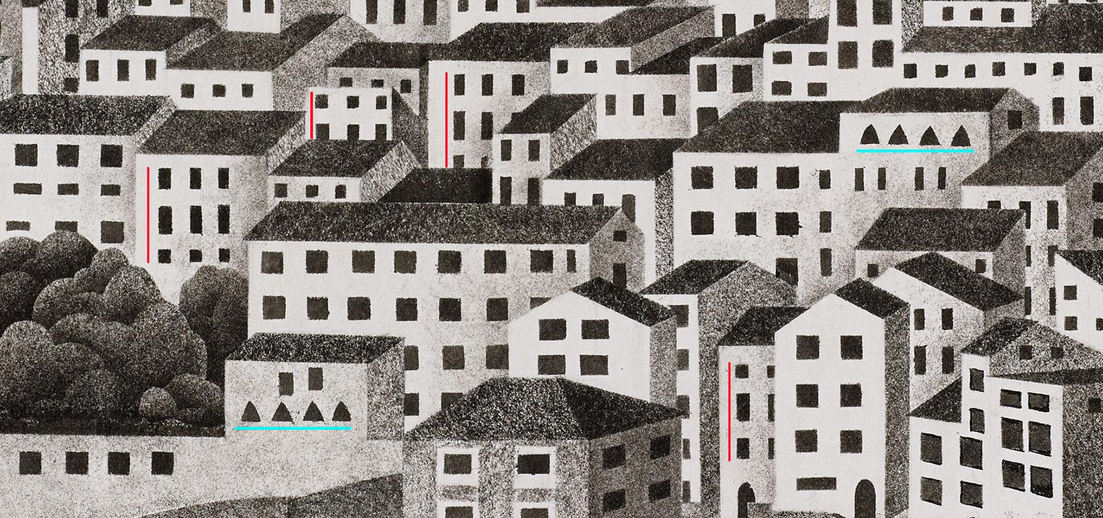 Detail van Montecelio, maart 1924, Oost-Indische inkt en potlood op papier. De gekleurde lijnen tonen hergebruik