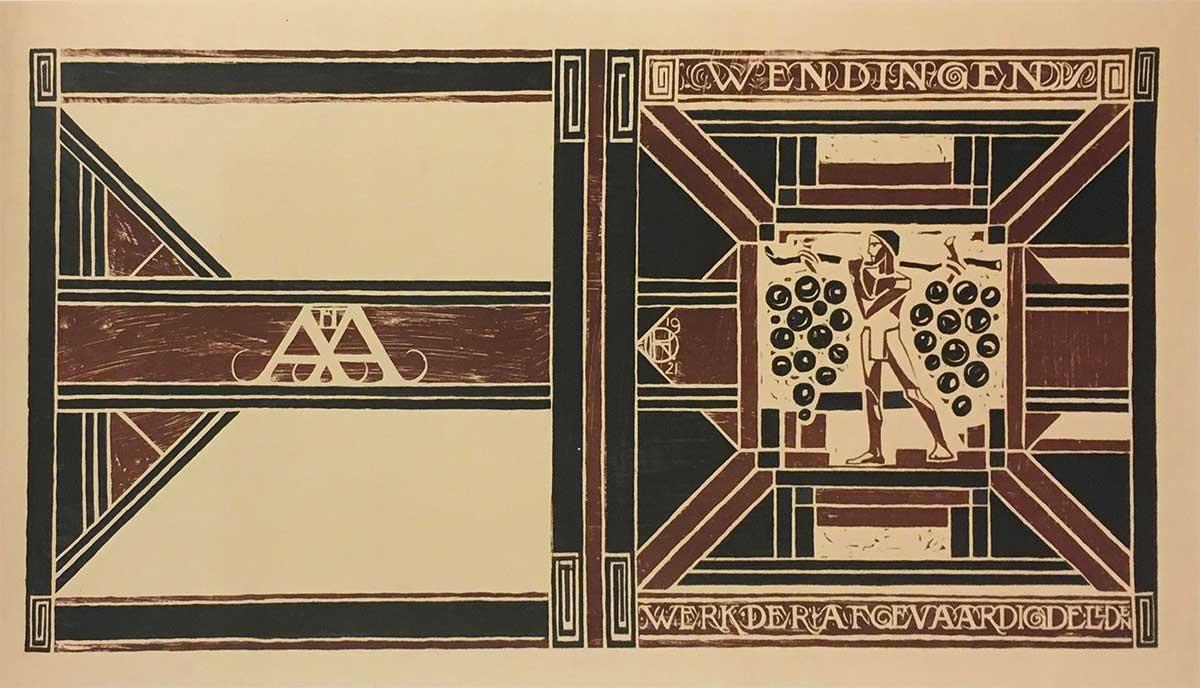 Richard Roland Holst, Proefdruk omslag Wendingen, 4e jaargang nr. 4/5, linoleumdruk in zwart en paars, 1921. Collectie Kunstmuseum Den Haag