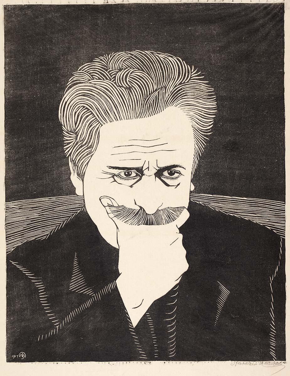 Samuel Jessurun de Mesquita, Selbstporträt mit Hand am Oberlippenbart, Holzschnitt, 1917. Sammlung Kunstmuseum Den Haag