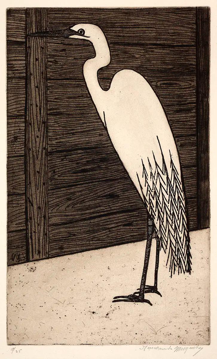 Samuel Jessurun de Mesquita, Zilverreiger (staand voor schutting), ets, 1910. Collectie Kunstmuseum Den Haag, uit voormalig bezit van M.C. Escher