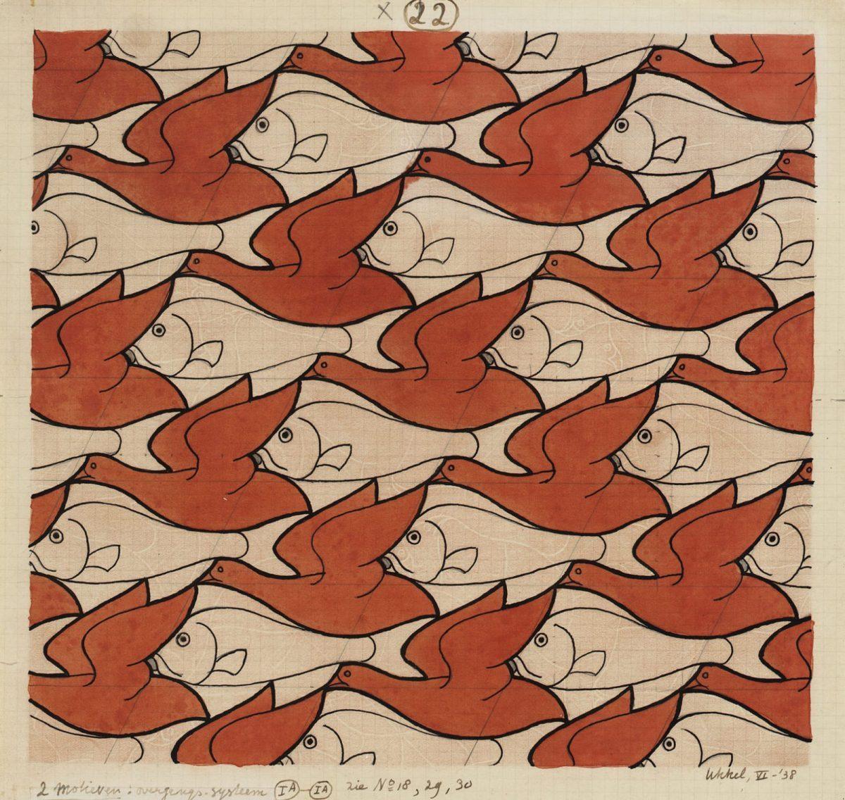 M.C. Escher, Regular Division of the Plane (Birds and Fish) no. 22, India ink, coloured pencil and watercolor, March 1938