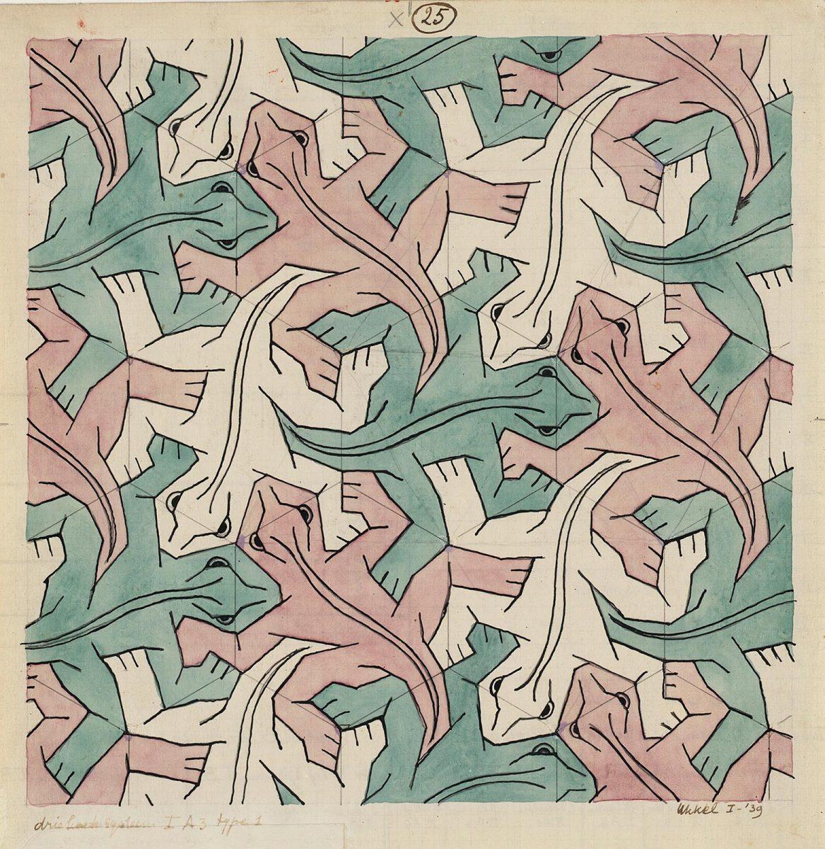Regular division drawing with lizards, no. 25, India ink, pencil and watercolor, January 1939