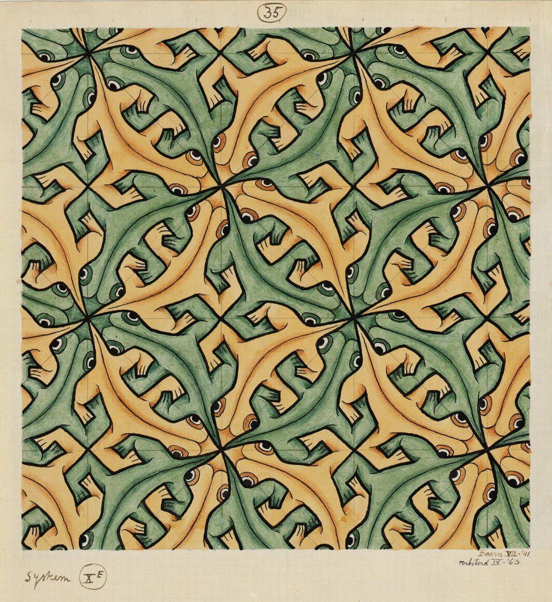 Regular division drawing no. 35 (Lizards), India ink, colored pencil, opaque white, July 1941