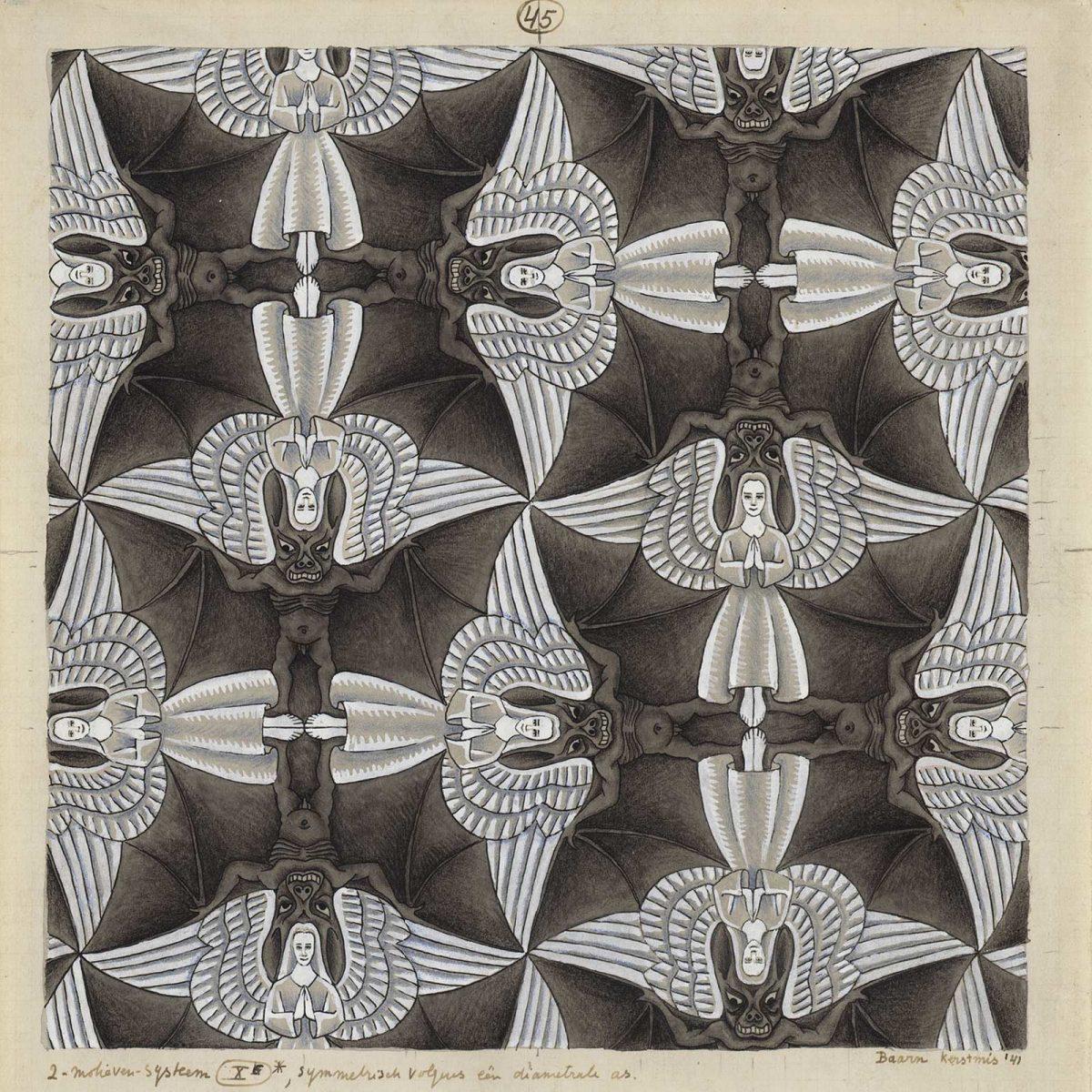 Regelmatige vlakverdeling nr. 45. De tekening met engelen en duivels die Escher tijdens Kerstmis 1941 maakte.