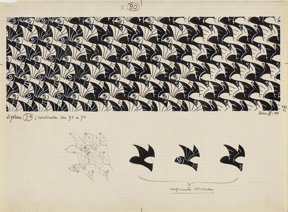 M.C. Escher, Regelmatige vlakverdeling met vliegende vissen en vogels, nr. 80, Oostindische inkt, potlood, dekkend wit, november 1950