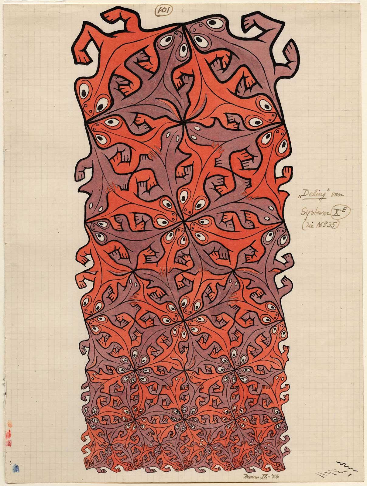 M.C. Escher, Regular division drawing no. 101 (Lizards), India ink, pencil, water color, September 1956