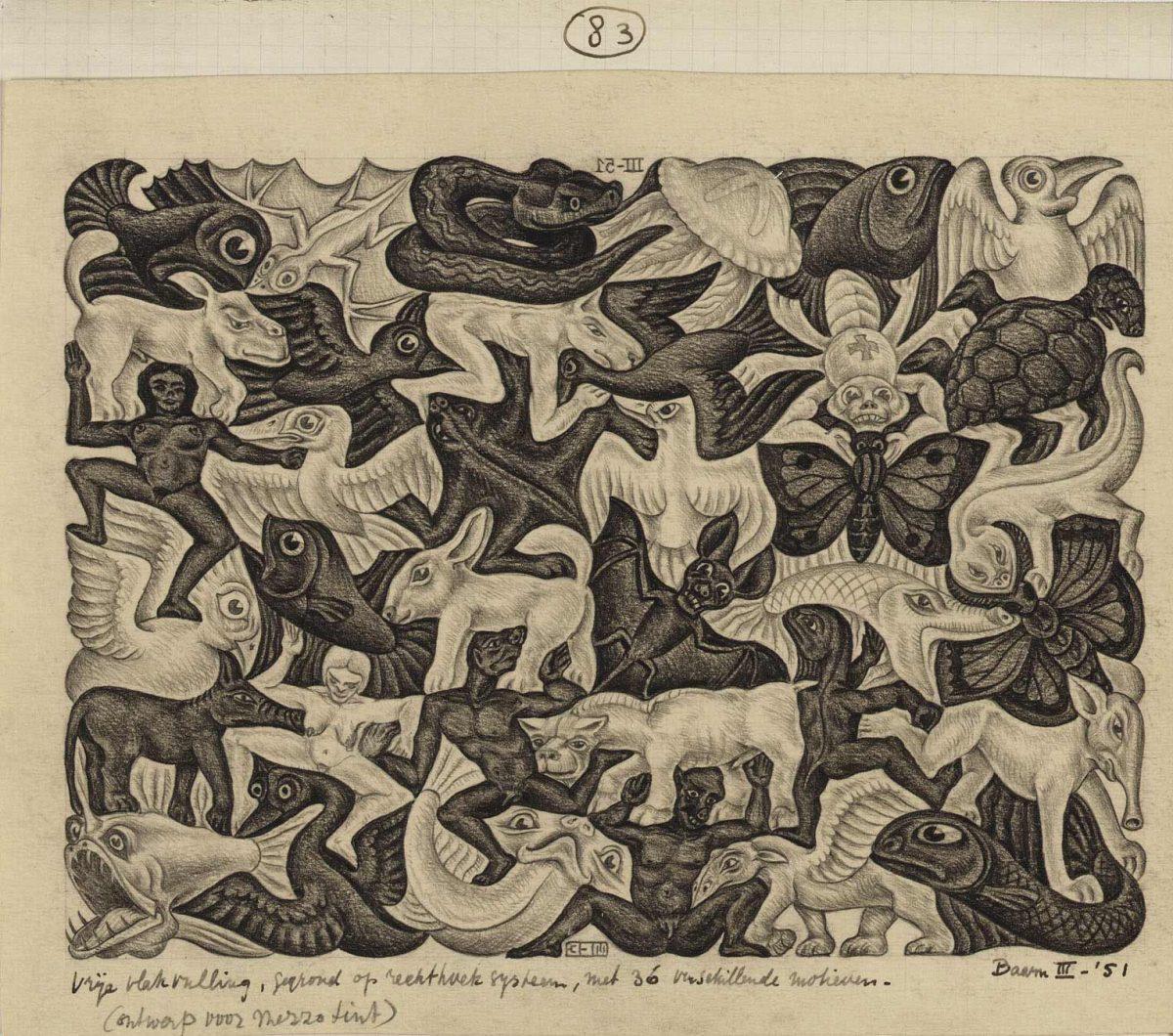 M.C. Escher, tekening 83, Vrije vlakvulling, gegrond op rechthoeksysteem, met 36 verschillende motieven (ontwerp voor mezzotint), potlood op papier, maart 1951. Dit is een van de weinige niet-periodieke vlakvullingen in de ontwerpschriften van Escher.