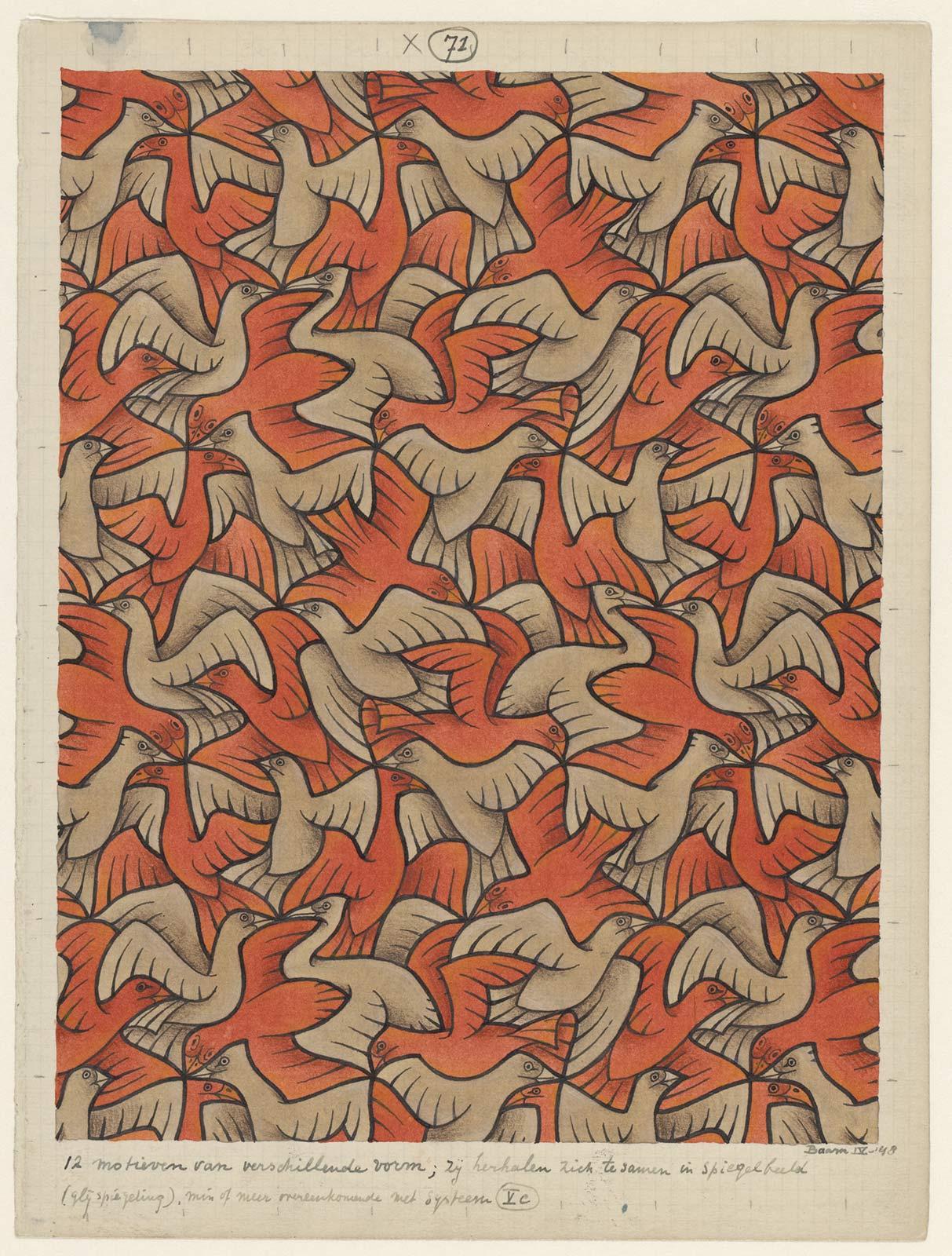 M.C. Escher, Regelmatige vlakverdeling met vogels, nr. 71, april 1948