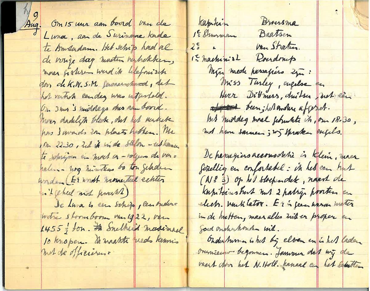A page with the departure day from his diary about the voyage with the Luna ("The passenger accommodation is small, but cozy and comfortable. I have a cabin on the boat deck next to the captain's cabin, with 2 portholes.")