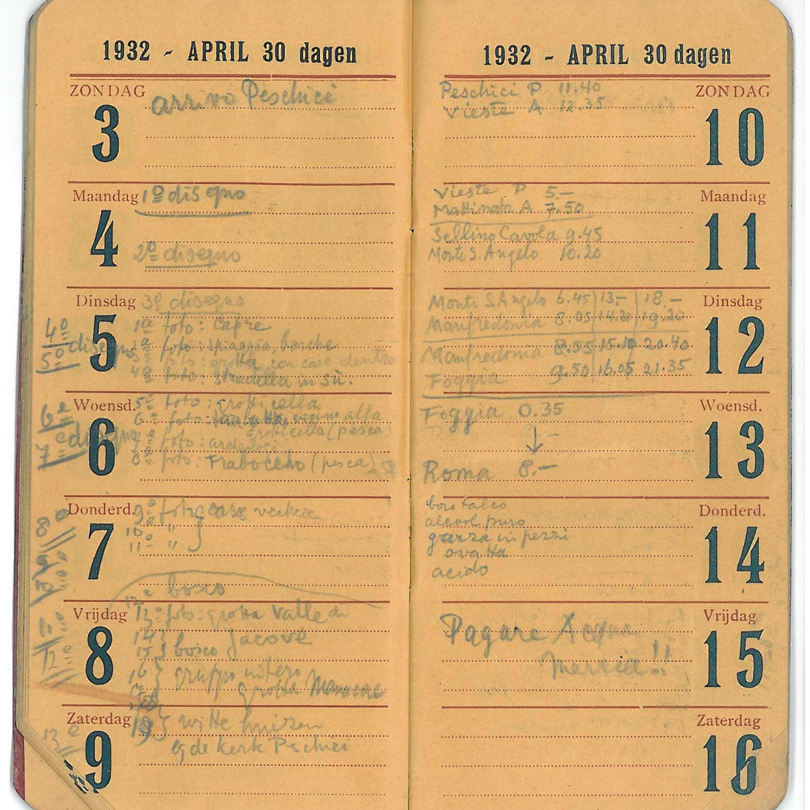 Escher zakagenda van 03 tot 16 april 1932, met daarin zijn reisschema voor Gargano en zijn aantekeningen over gemaakte foto's.