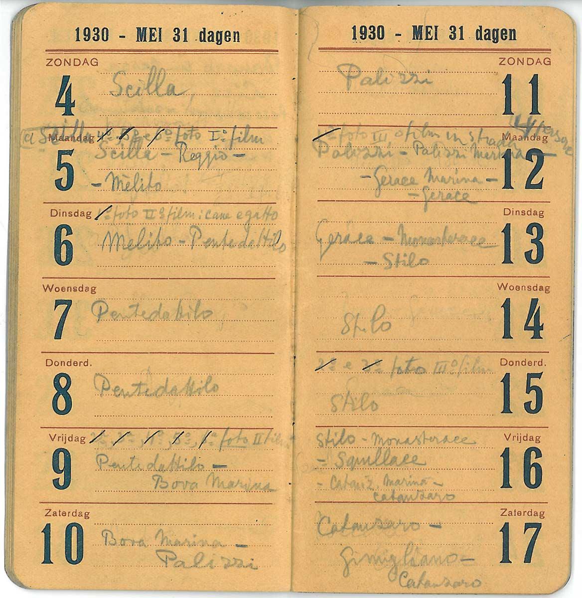 Eschers agenda van 4 t/m 17 mei 1930, met daarin het bezoek aan Stilo