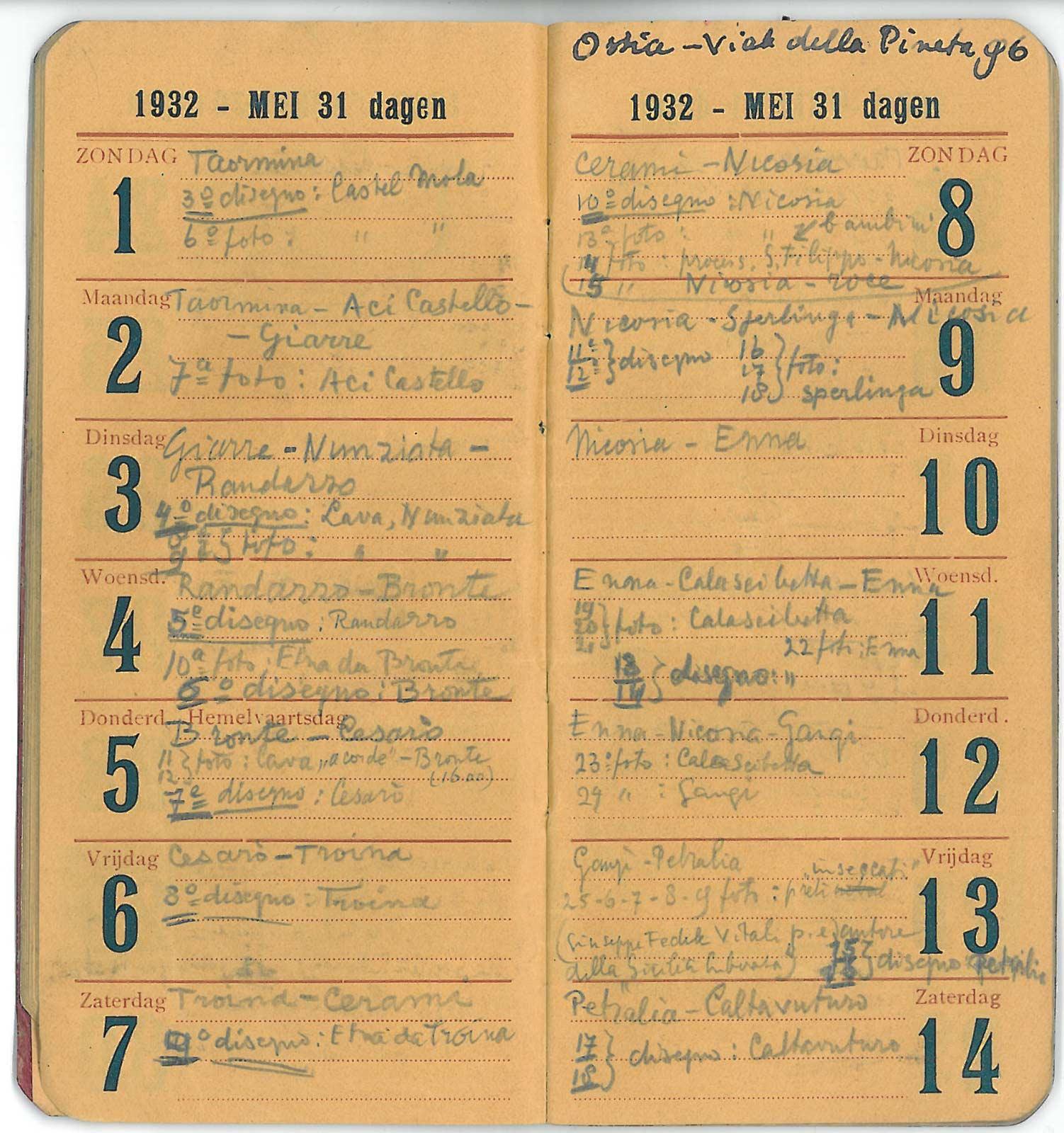 Escher's diary of the 1st week in May 1932. May 14 he's in Caltavuturo where he creates 2 drawings.
