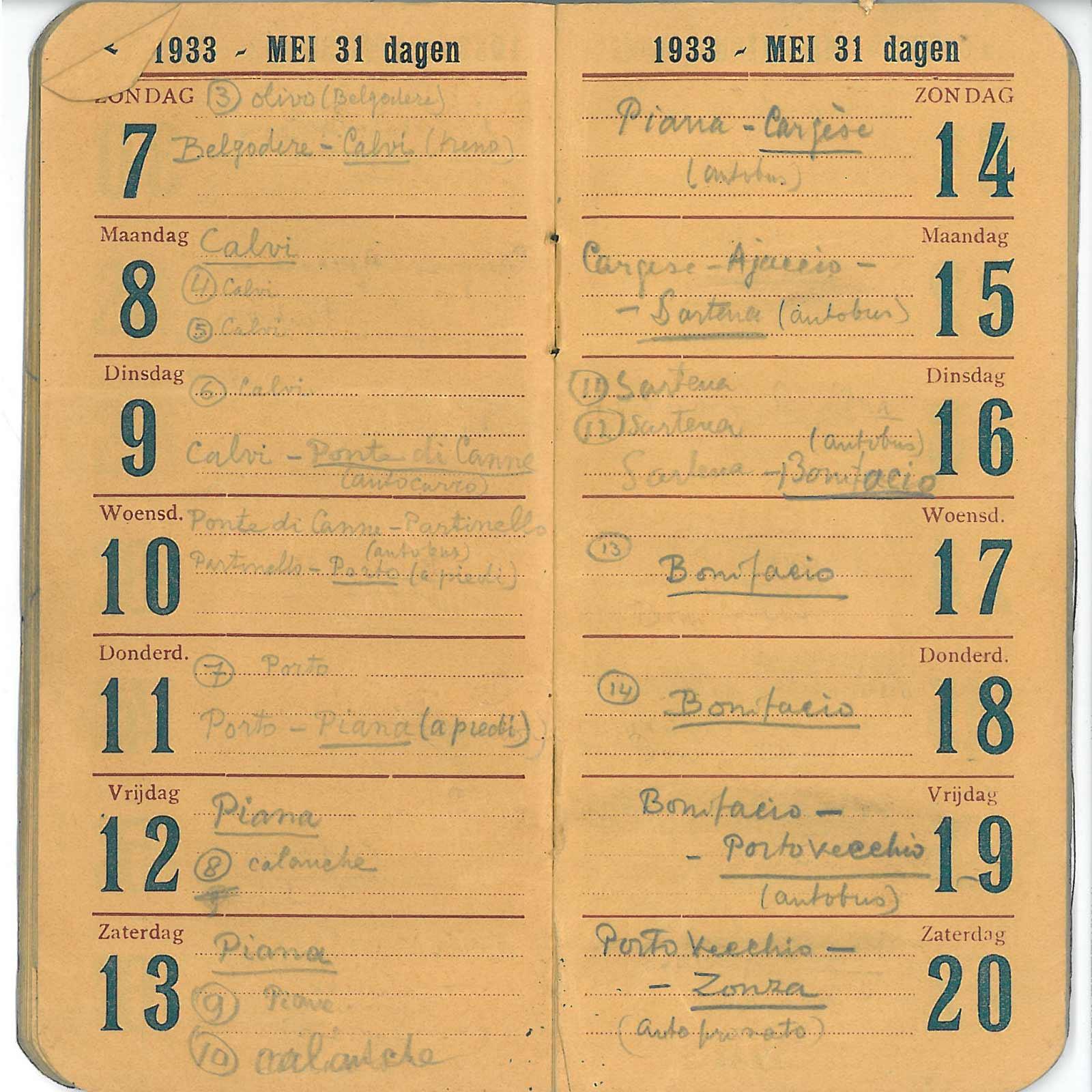 Escher's diary of 7-20 May 1933, with his visit to the Calanches of Piana and to Calvi, Sartena, Bonifacio and Portovecchio.