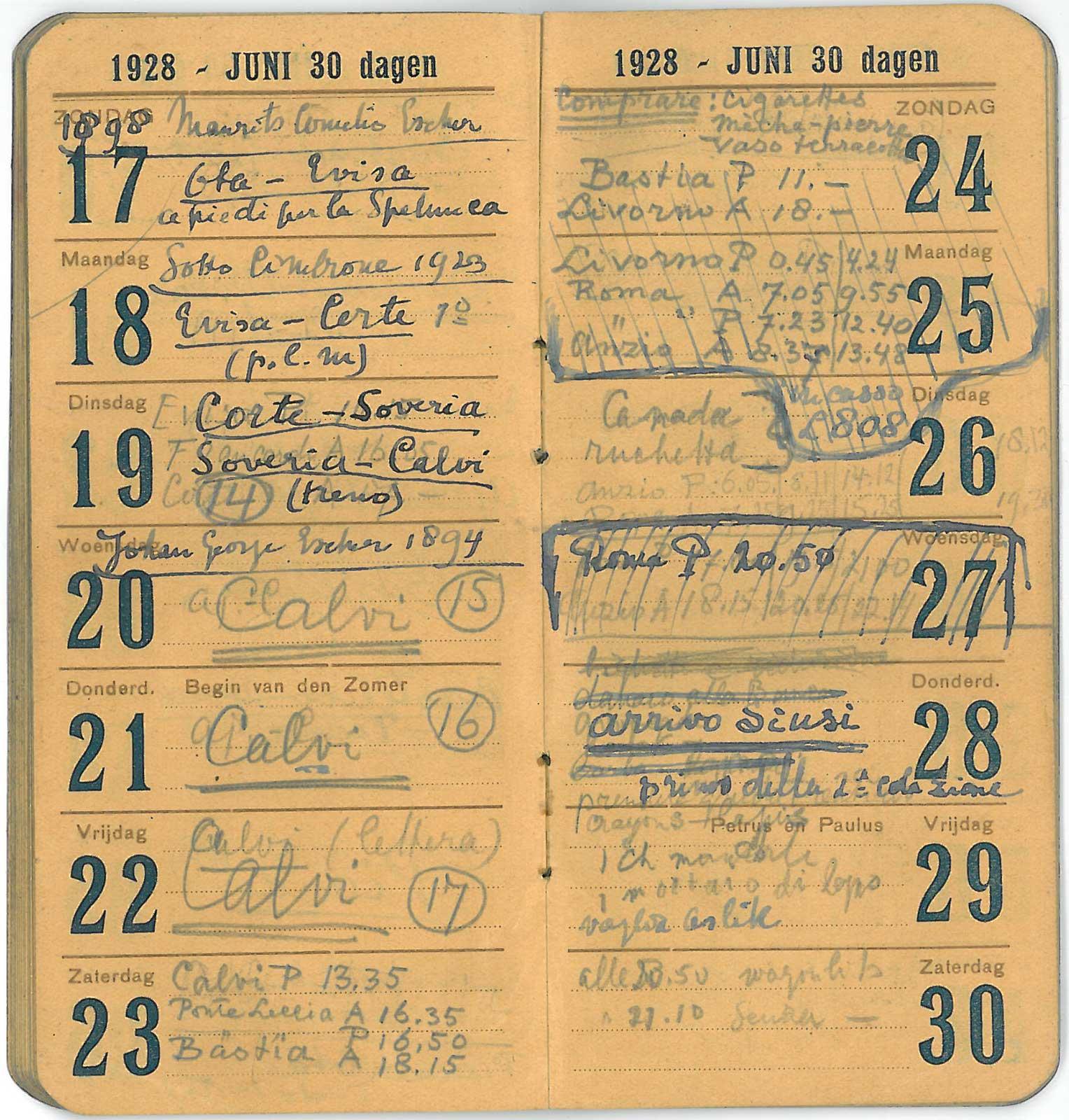 Eschers agenda van juni 1928. Hij bleef drie volle dagen in Calvi.
