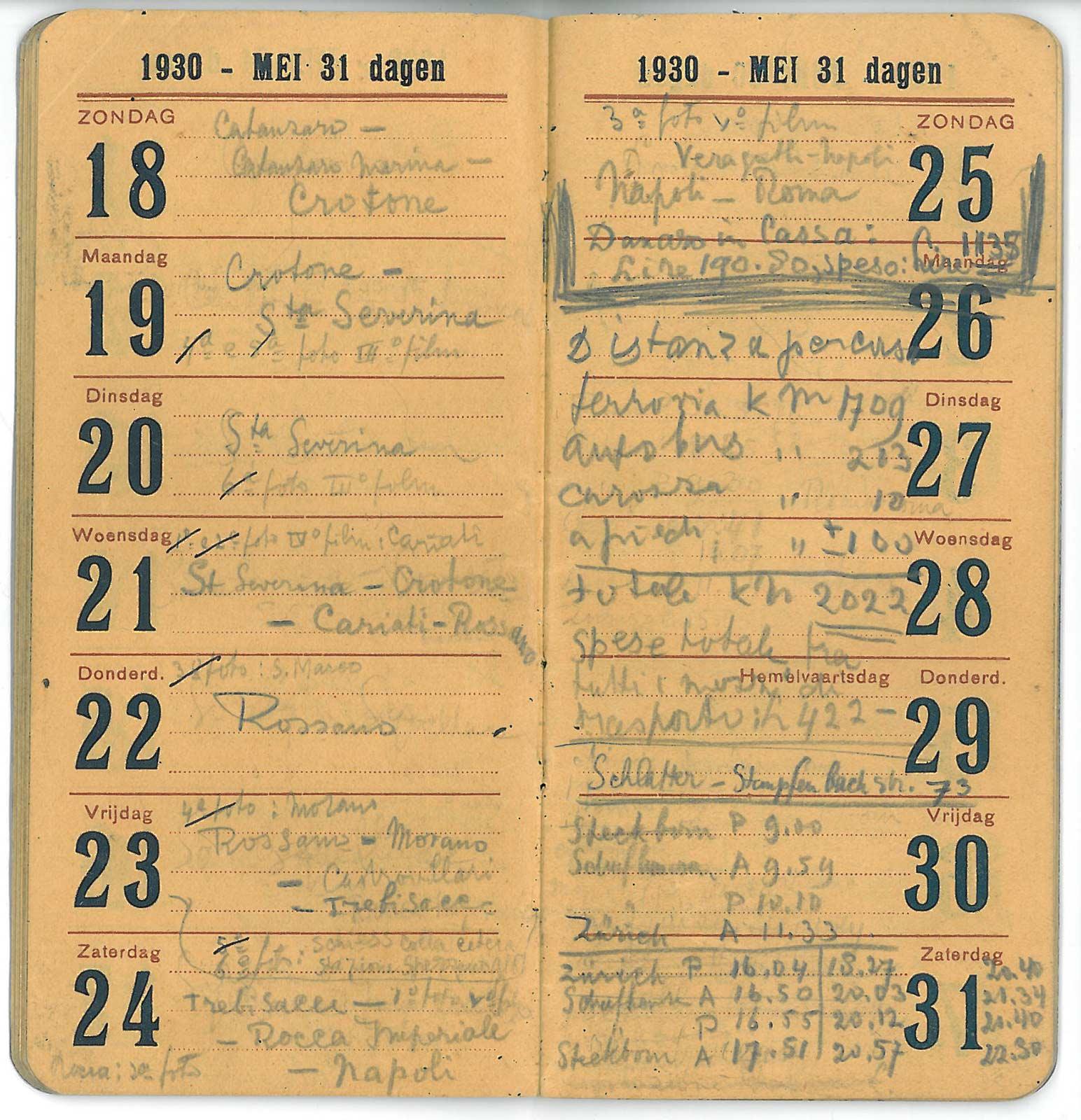 De agenda van M.C. Escher tussen 18 en 25 mei 1930. Bij de streepjes heeft hij exact genoteerd welke foto hij op die dag en die plek heeft gemaakt.