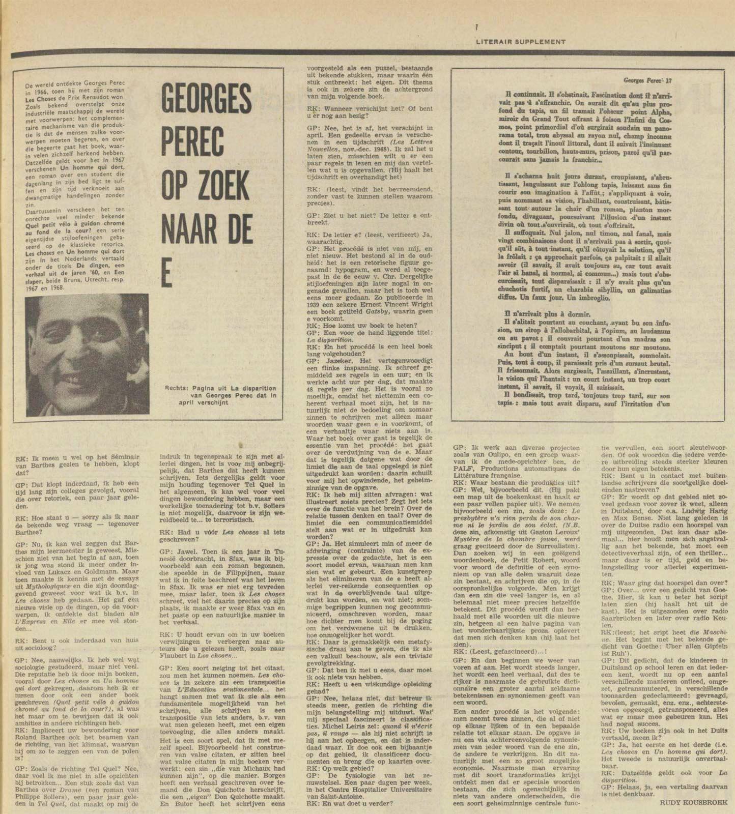 Dutch newspaper 'Algemeen Handelsblad', 1 March 1969. Georges Perec is interviewed by Rudy Kousbroek on his novel La Disparition