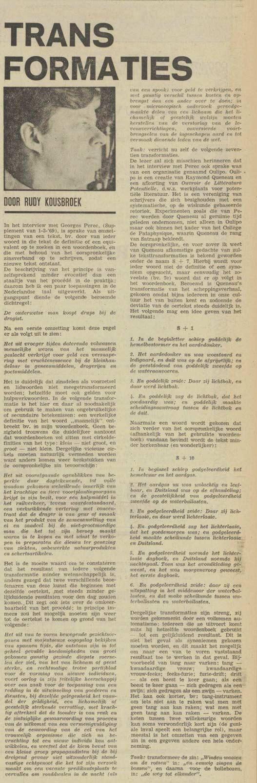 Dutch newspaper 'Algemeen Handelsblad', 8 March 1969. Rudy Kousbroek talks about the transformations he discussed with Perec one week before