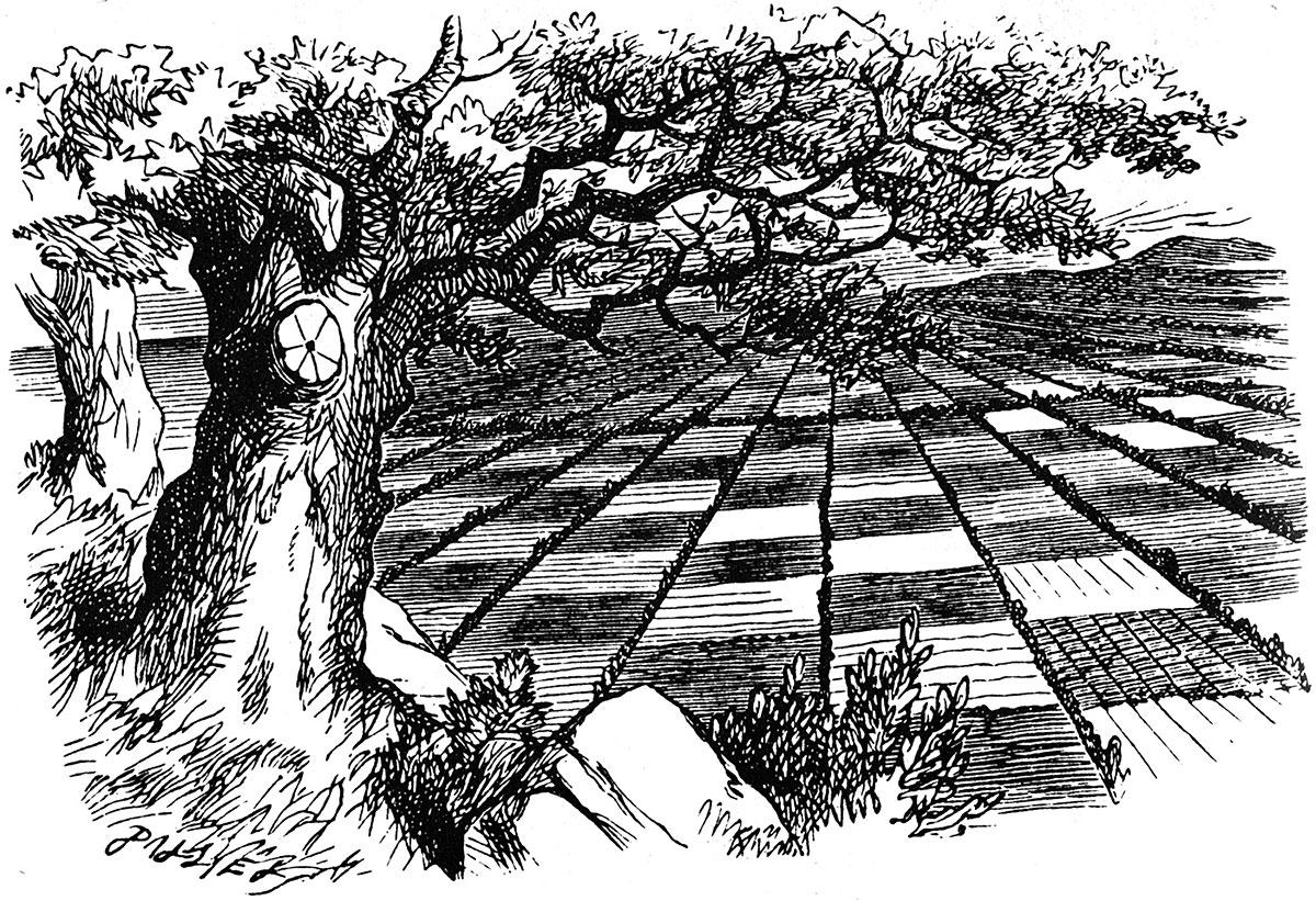 Het schaakveld uit Through the Looking Glass, illustratie door John Tenniel