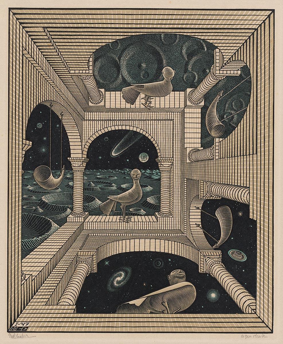 M.C. Escher, Andere wereld, houtsnede en houtgravure in zwart, roodbruin en groen, gedrukt van drie blokken, januari 1947