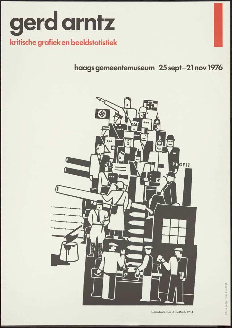 Gerd Arntz, kritische grafiek en beeldstatistiek, affiche voor de tentoonstelling in het Gemeentemuseum met daarop de prent Het Derde Rijk. Ontwerp A. Foppe. Collectie Affichemuseum Hoorn