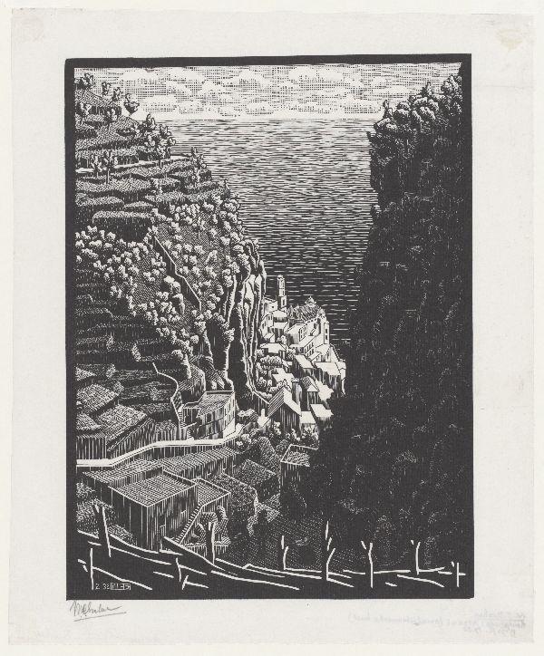 M.C. Escher, Atrani gezien vanuit Pontone, houtsnede, februari 1932